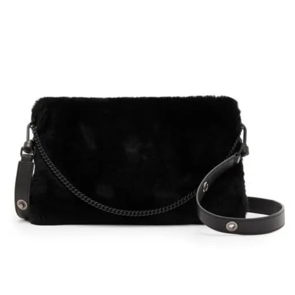 NWOT AllSaints Eve Genuine Black Shearling Shoulder Adjustable Bag, Chain Detail - Picture 1 of 5